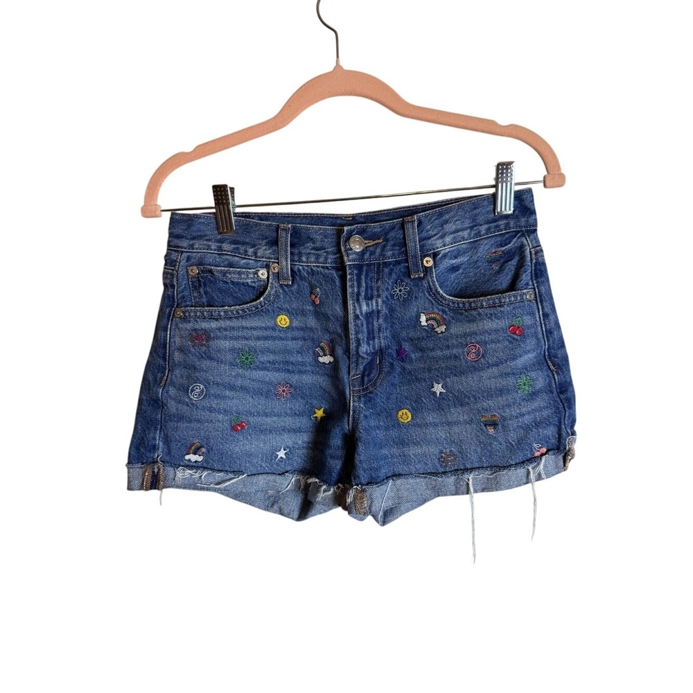 American Eagle 90s Boyfriend Short Blue‎ Embroidered Denim Cutoff Size 0 Rainbow